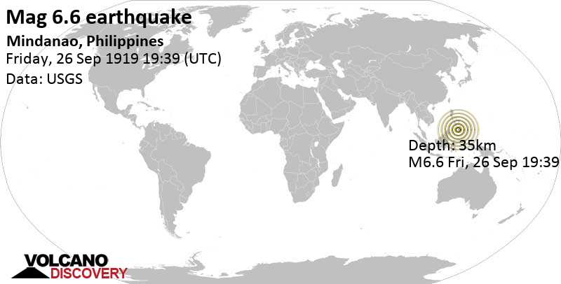 Very strong mag. 6.6 earthquake - 6 km west of South Upi, Province of Maguindanao, Mindanao Musulman, Philippines, on Friday, September 26, 1919 at 19:39 GMT