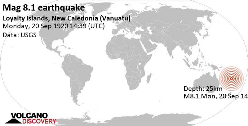 Terremoto maggiore magnitudine 8.1 - 100 km a sud ovest da Isangel, Tafea Province, Vanuatu, lunedì, 20 set. 1920 14:39