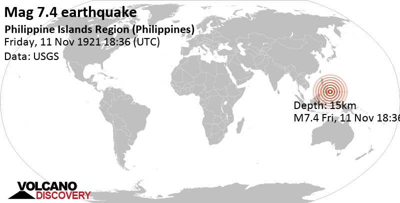 Major magnitude 7.4 earthquake - 96 km northeast of Manay, Province of Davao Oriental, Philippines, on Friday, November 11, 1921 at 18:36 GMT