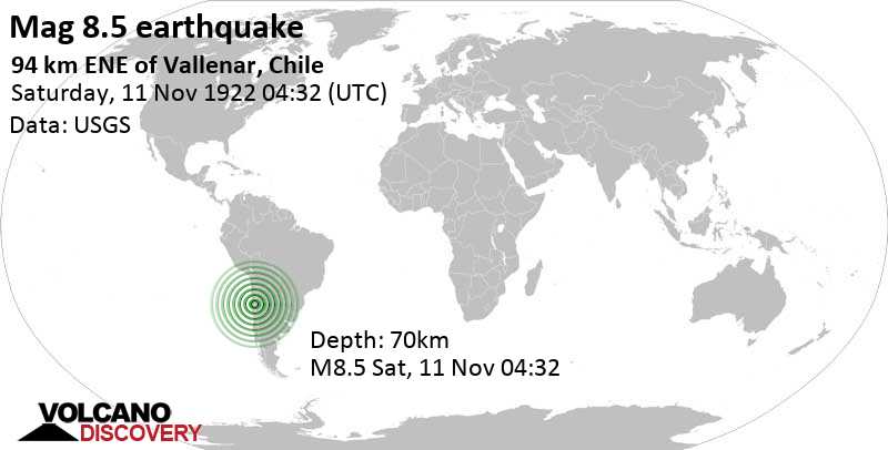 Major magnitude 8.5 earthquake - Provincia de Copiapo, 94 km east of Vallenar, Huasco, Atacama, Chile, on Saturday, November 11, 1922 at 04:32 GMT