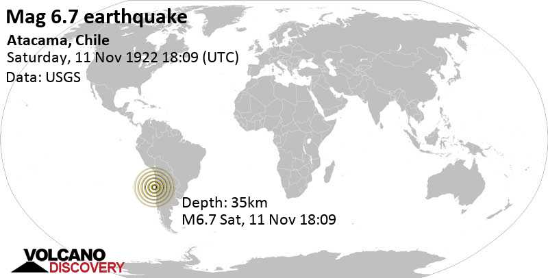 Very strong mag. 6.6 earthquake - 27 km northeast of Vallenar, Huasco, Atacama, Chile, on Saturday, November 11, 1922 at 18:09 GMT