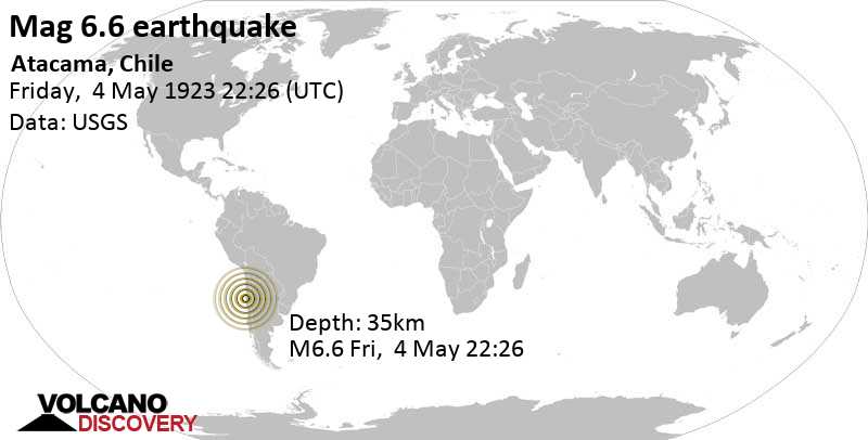 Very strong mag. 6.5 earthquake - Atacama, Chile, on Friday, May 4, 1923 at 22:26 GMT