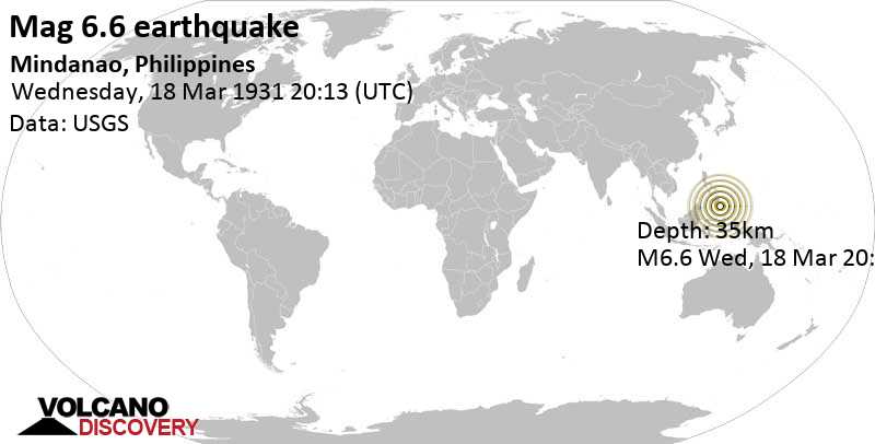 Very strong mag. 6.7 earthquake - 89 km southeast of Malita, Davao Occidental, Philippines, on Wednesday, March 18, 1931 at 20:13 GMT