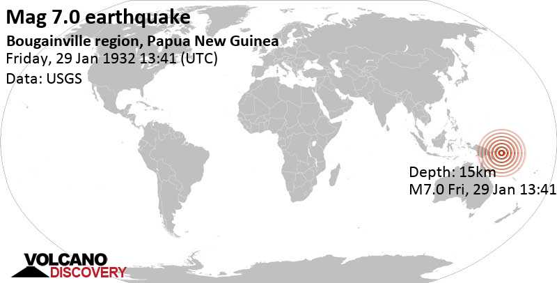 Terremoto mayor magnitud 7.2 - 152 km WSW of Arawa, Bougainville, Papua New Guinea, viernes, 29 ene. 1932 13:41