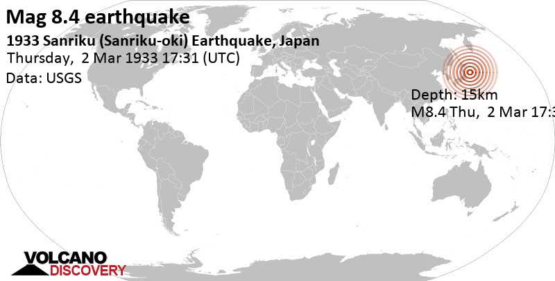 Major magnitude 8.4 earthquake - 233 km east of Miyako, Iwate, Japan, on Thursday, March 2, 1933 at 17:31 GMT