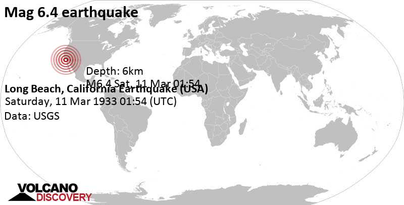 Major magnitude 6.4 earthquake - 2 mi south of Huntington Beach, Orange County, California, USA, on Saturday, March 11, 1933 at 01:54 GMT