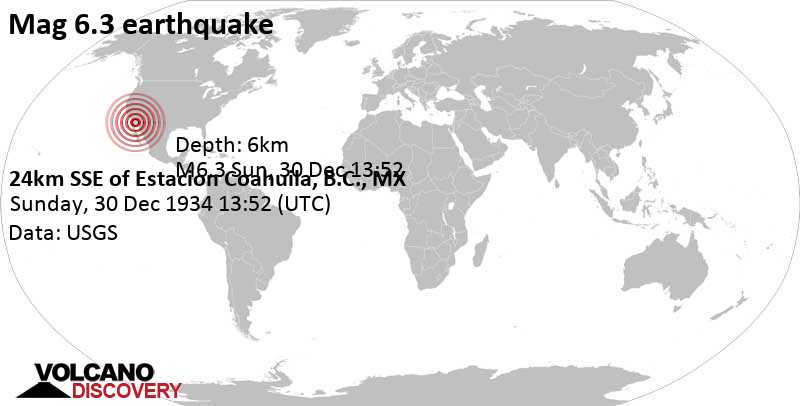 Major magnitude 6.3 earthquake - Sonora, 8.3 km east of Ejido Doctor Alberto Oviedo Mota (El Indiviso), Mexico, on Sunday, December 30, 1934 at 13:52 GMT