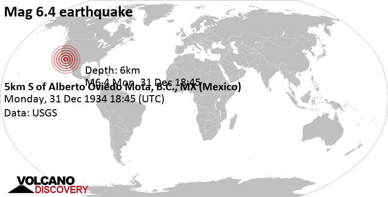 Major magnitude 6.4 earthquake - 5.3 km south of Doctor Alberto Oviedo Mota, Mexico, on Monday, December 31, 1934 at 18:45 GMT