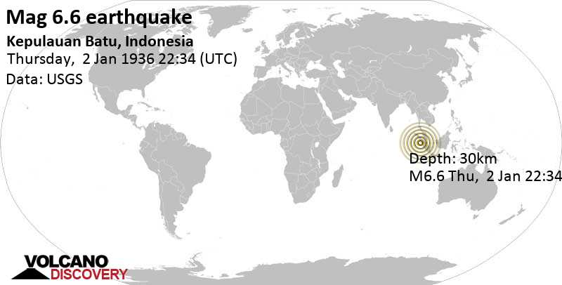 Very strong mag. 6.7 earthquake - 47 km southwest of Pulau Pangkal Island, Sumatra Barat, Indonesia, on Thursday, Jan 2, 1936 at 10:34 pm (GMT +0)