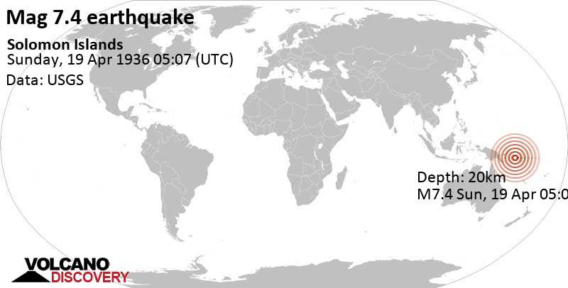 Tremblement de terre majeur magnitude 7.4 - 31 km au nord de Nakaza , Îles Salomon, dimanche, le 19 avril 1936 05:07