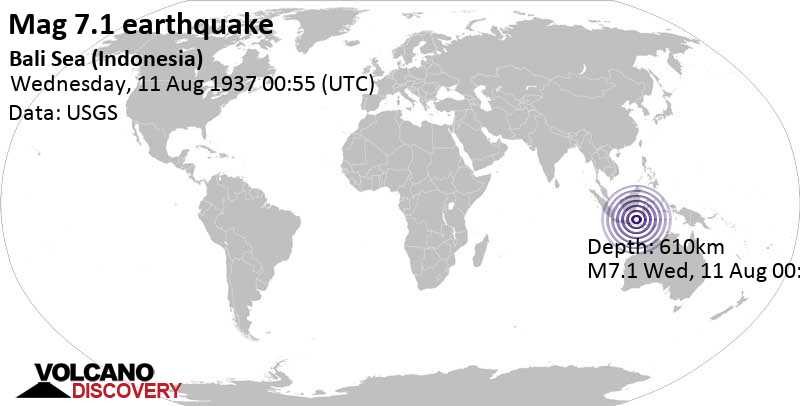 Major magnitude 7.1 earthquake - 231 km north of Matalam, Lombok, West Nusa Tenggara, Indonesia, on Wednesday, August 11, 1937 at 00:55 GMT
