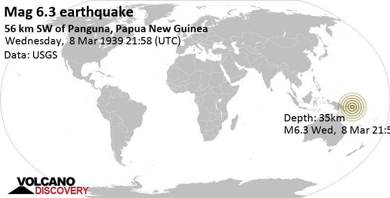 Tremblement de terre très fort magnitude 6.3 - 70 km au sud-ouest de Arawa, Bougainville, Papouasie-Nouvelle-Guinée, mercredi, le 08 mars 1939 21:58