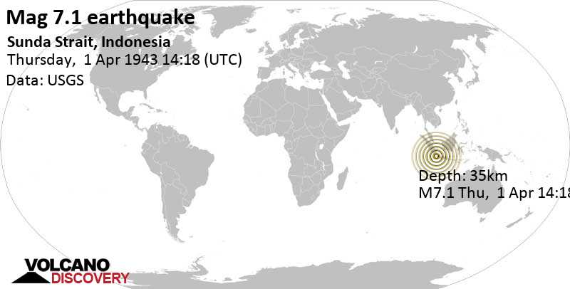 Major magnitude 7.1 earthquake - 39 km west of Labuan, Kabupaten Pandeglang, Banten, Indonesia, on Thursday, April 1, 1943 at 14:18 GMT