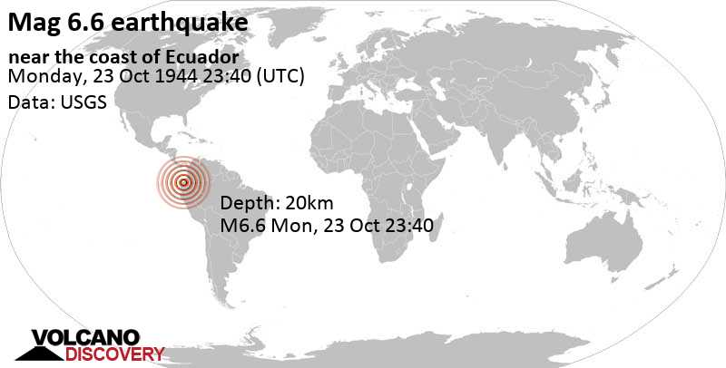 Very strong mag. 6.7 earthquake - 35 km northeast of Rosa Zarate, Canton Quinindé, Esmeraldas, Ecuador, on Monday, October 23, 1944 at 23:40 GMT