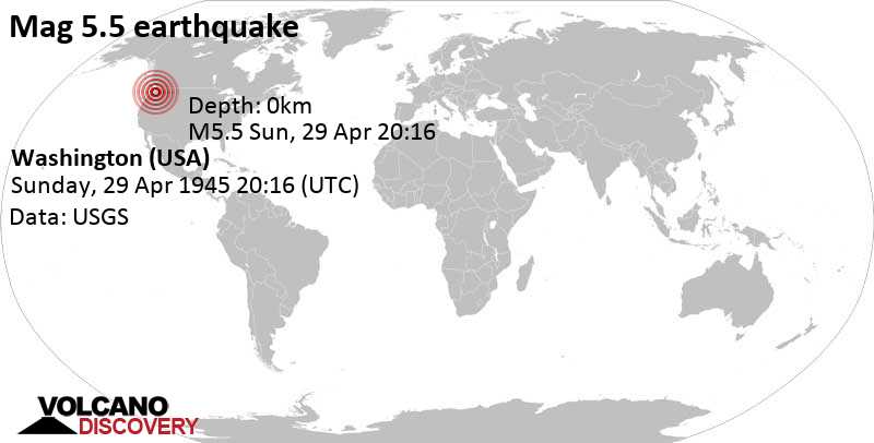 Strong mag. 5.5 earthquake - 7.8 mi southeast of Mountain View, King County, Washington, USA, on Sunday, April 29, 1945 at 20:16 GMT