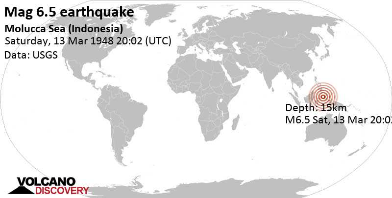 Very strong mag. 6.5 earthquake - 142 km northwest of Ternate, North Maluku, Indonesia, on Saturday, Mar 13, 1948 at 8:02 pm (GMT +0)