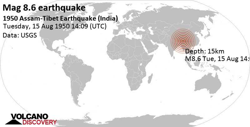 Major magnitude 8.6 earthquake - Anjaw, 59 km northeast of Tezu, Lohit, Arunachal Pradesh, India, on Tuesday, August 15, 1950 at 14:09 GMT