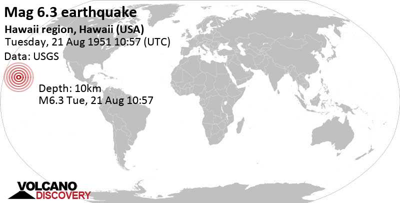 Major magnitude 6.9 earthquake - 3.1 mi west of Captain Cook, Hawaii County, USA, on Tuesday, August 21, 1951 at 10:56 GMT