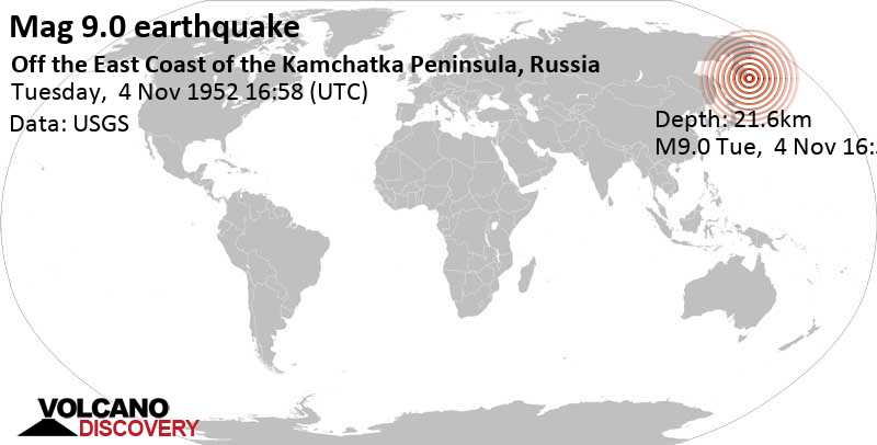 Major magnitude 9.0 earthquake - 92 km southeast of Kamchatkataagy Petropavlovskaj, Russia, on Tuesday, November 4, 1952 at 16:58 GMT