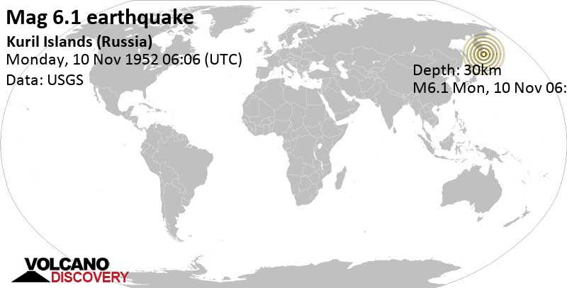 Strong mag. 6.1 earthquake - 67 km southeast of Severo-Kuril\'sk, Sakhalin Oblast, Russia, on Monday, November 10, 1952 at 06:06 GMT