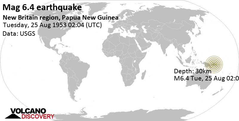 Очень сильное землетрясение магнитудой 6.3 - 53 km к юго-западу от Wallis , Папуа — Новая Гвинея, Вторник, 25 августа 1953 02:04
