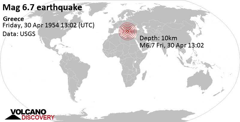 Major magnitude 6.7 earthquake - Nomos Kardhitsas, Thessaly, 9.8 km west of Neo Monastiri, Central Greece, on Friday, April 30, 1954 at 13:02 GMT