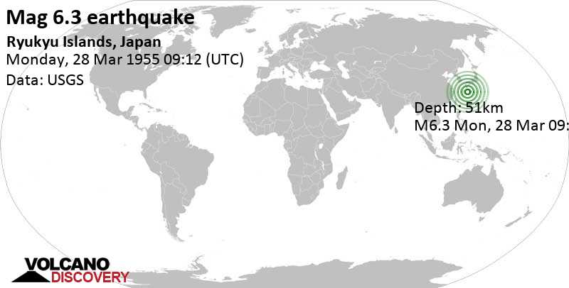 Strong mag. 6.3 earthquake - 101 km northeast of Naze, Amami Shi, Kagoshima, Japan, on Monday, March 28, 1955 at 09:12 GMT
