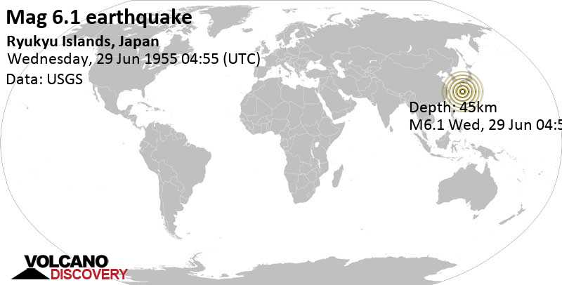 Strong mag. 6.1 earthquake - 123 km northeast of Naze, Amami Shi, Kagoshima, Japan, on Wednesday, June 29, 1955 at 04:55 GMT