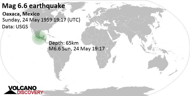 Strong mag. 6.6 earthquake - 1.3 km northwest of Santa Catarina Adéquez, Asuncion Nochixtlan, Oaxaca, Mexico, on Sunday, May 24, 1959 at 19:17 GMT