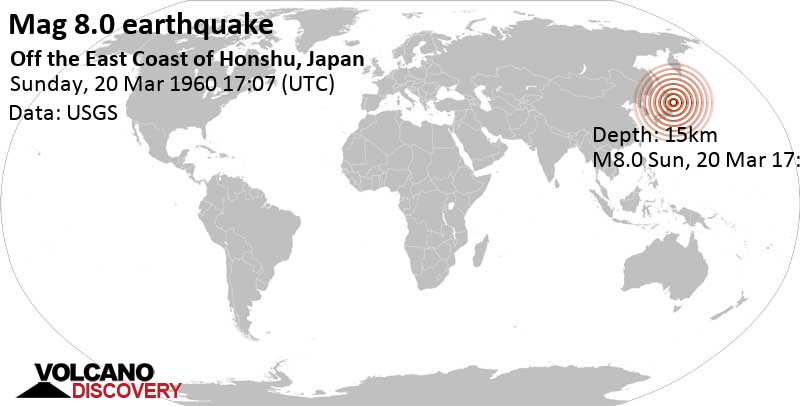 Major magnitude 8.0 earthquake - 113 km east of Miyako, Iwate, Japan, on Sunday, Mar 20, 1960 at 5:07 pm (GMT +0)
