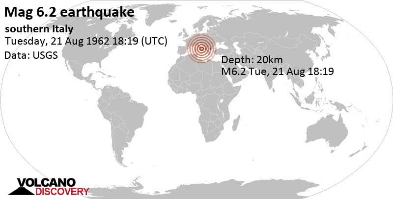 Very strong mag. 6.2 earthquake - 3.2 km southwest of Montecalvo Irpino, Provincia di Avellino, Campania, Italy, on Tuesday, August 21, 1962 at 18:19 GMT