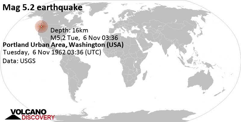 Strong mag. 5.2 earthquake - Lady Island, 2.1 mi southwest of Orchards, Clark County, Washington, USA, on Tuesday, November 6, 1962 at 03:36 GMT