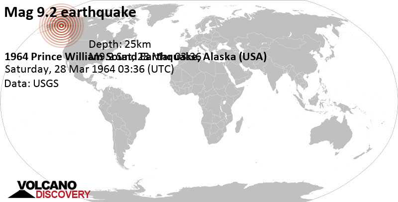 Sehr schweres Erdbeben der Stärke 9.2 - Valdez-Cordova Parish, 59 km südwestlich von Valdez, Alaska, USA, am Samstag, 28. Mär 1964 um 03:36 GMT