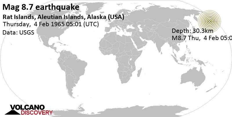Major magnitude 8.7 earthquake - 23 mi southwest of Amchitka Island, Aleutians West, Alaska, USA, on Thursday, February 4, 1965 at 05:01 GMT