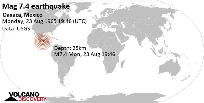 Major magnitude 7.4 earthquake - 5.4 km south of Santa Maria Zapotitlan, Santa Maria Ecatepec, Oaxaca, Mexico, on Monday, August 23, 1965 at 19:46 GMT