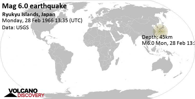 Strong mag. 6.0 earthquake - 75 km southeast of Suwanose-jima Island, Japan, on Monday, Feb 28, 1966 at 1:35 pm (GMT +0)