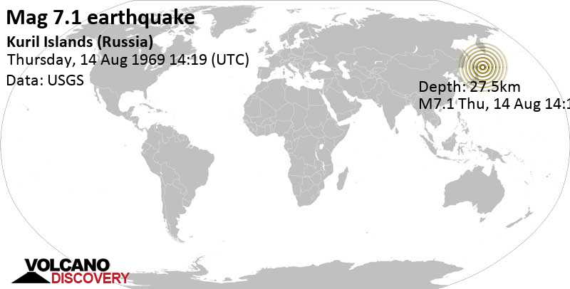 Major magnitude 7.1 earthquake - 92 km southeast of Shikotan, Sakhalin Oblast, Russia, on Thursday, August 14, 1969 at 14:19 GMT