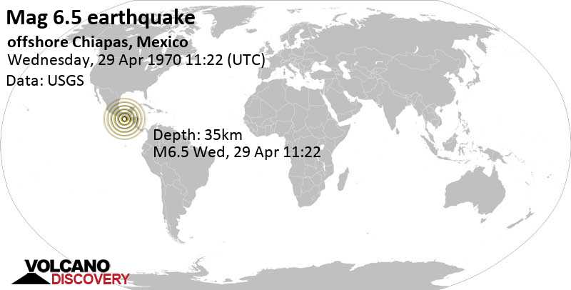 Sehr starkes Beben der Stärke 6.6 - 83 km südwestlich von Tapachula, Chiapas, Mexiko, am Mittwoch, 29. Apr 1970 um 11:22 GMT
