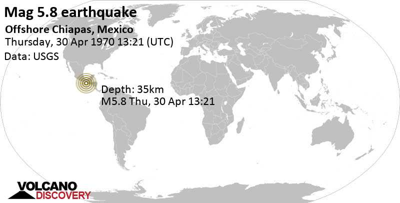 Strong mag. 5.8 earthquake - 126 km west of Tapachula de Cordova y Ordoñez, Chiapas, Mexico, on Thursday, April 30, 1970 at 13:21 GMT