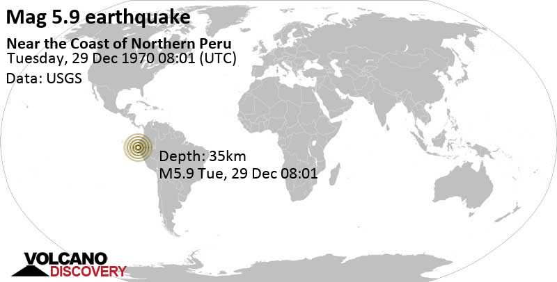 Сильное землетрясение магнитудой 5.9 - 78 km к юго-западу от Тумбес, Tumbes, Тумбес, Перу, Вторник, 29 декабря 1970 08:01