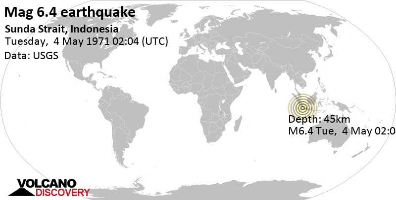 Strong mag. 6.4 earthquake - Pulau Umang, 97 km southwest of Serang, Banten, Indonesia, on Tuesday, May 4, 1971 at 02:04 GMT