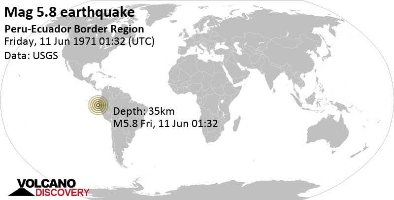 Strong mag. 5.8 earthquake - Provincia de Contralmirante Villar, 74 km southwest of Tumbes, Peru, on Friday, June 11, 1971 at 01:32 GMT