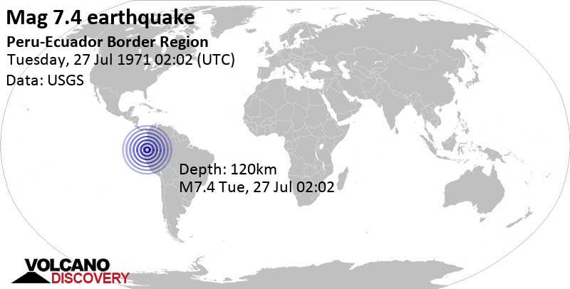 Major magnitude 7.4 earthquake - Taisha, 106 km southeast of Macas, Ecuador, on Tuesday, July 27, 1971 at 02:02 GMT