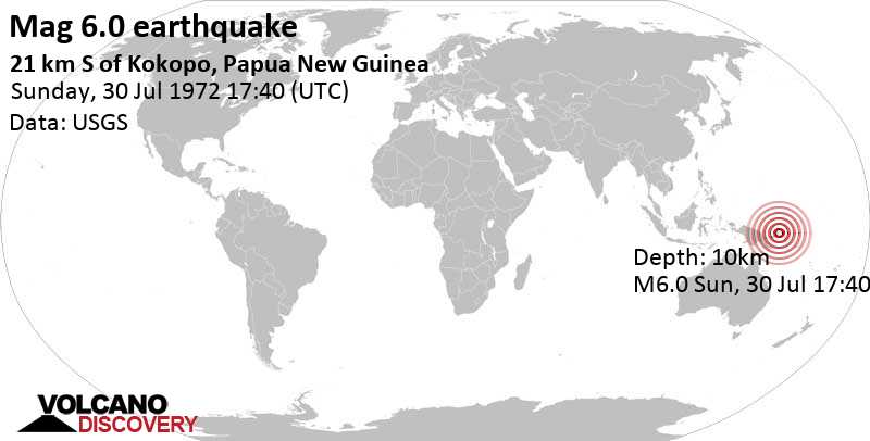 Terremoto muy fuerte magnitud 6.0 - 22 km S of Kokopo, East New Britain Province, Papua New Guinea, domingo, 30 jul. 1972 17:40