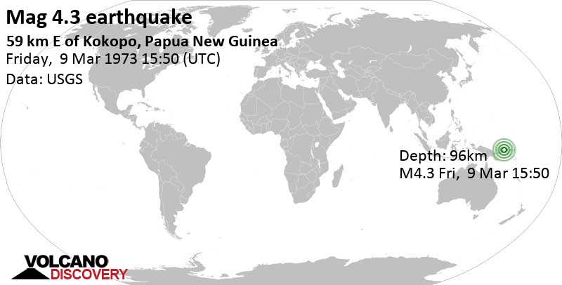Light mag. 4.3 earthquake - Latangai Island, New Ireland, 60 km east of Kokopo, Papua New Guinea, on Friday, March 9, 1973 at 15:50 GMT