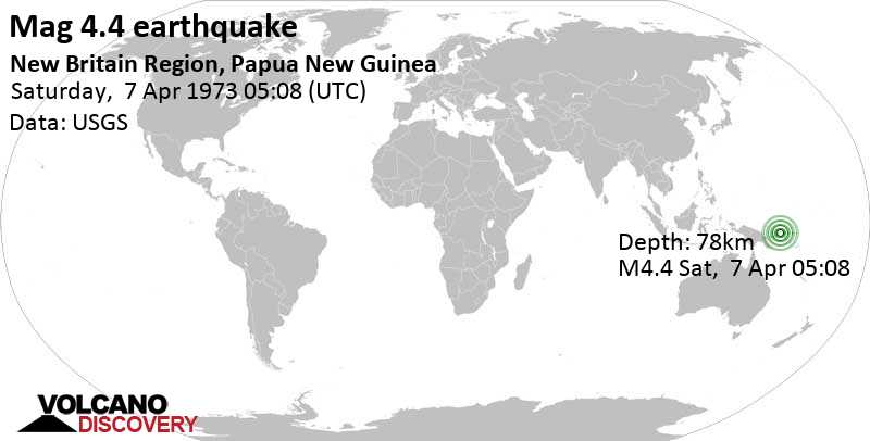 Light mag. 4.4 earthquake - 22 km northeast of Lamassa Island, New Ireland, Papua New Guinea, on Saturday, April 7, 1973 at 05:08 GMT