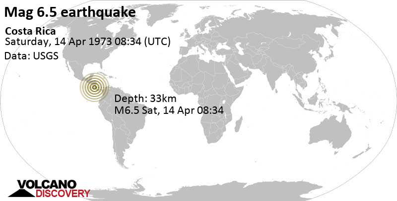 Very strong mag. 6.5 earthquake - Guatuso, Provincia de Alajuela, 74 km east of Liberia, Costa Rica, on Saturday, April 14, 1973 at 08:34 GMT