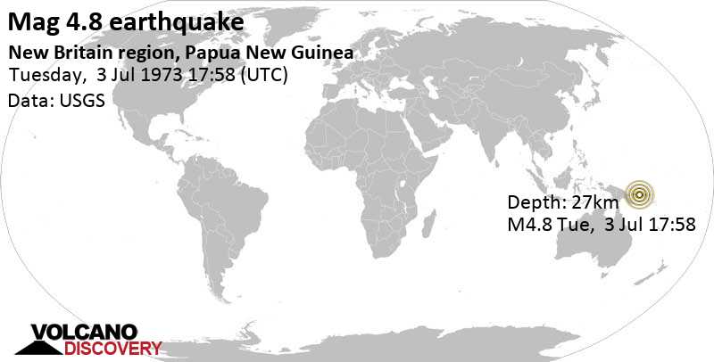 Terremoto moderato mag. 4.8 - 199 km a sud da Kokopo, Provincia della Nuova Britannia Est, Papua Nuova Guinea, martedì, 03 lug. 1973 17:58