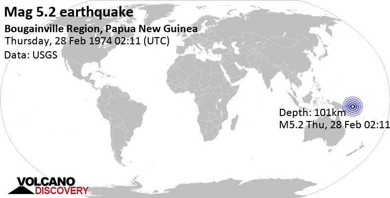 Moderate mag. 5.2 earthquake - 21 km east of Govu Islet Island, Bougainville, Papua New Guinea, on Thursday, February 28, 1974 at 02:11 GMT