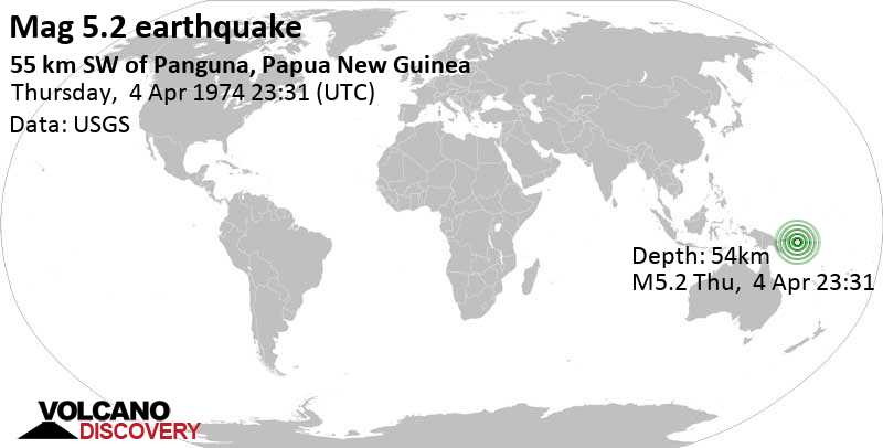 Умеренное землетрясение маг. 5.2 - 46 km к югу от Torokina Islet , Папуа — Новая Гвинея, Четверг, 04 апреля 1974 23:31